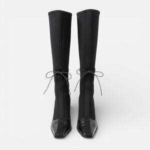 Vintage Prada Black Knit Sock Boots Pointed Toe Kitten Heel 37 Made in Italy